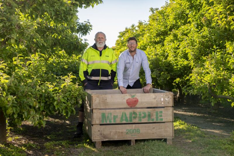 Men leaning on Apple Bin